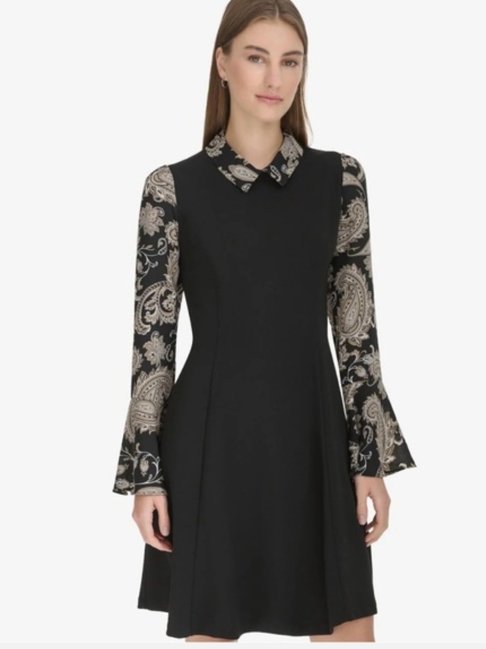 Andrew Marc Black/Cream Shirt Dress with Paisley Collar & Sleeves Sz. 8